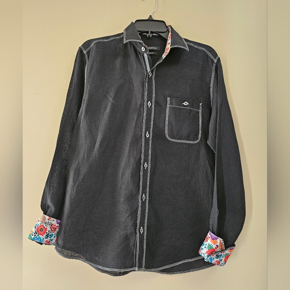 BUGATCHI 100% Linen Shaped Fit Button Down Shirt - Black with Floral Trim Small